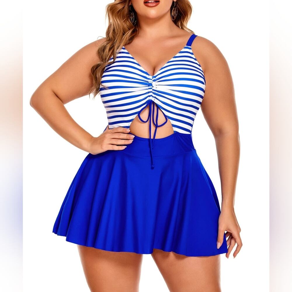 New Two Piece Swimsuit Striped Tummy Control Boyshorts‎ 450 Swimdress Size XL